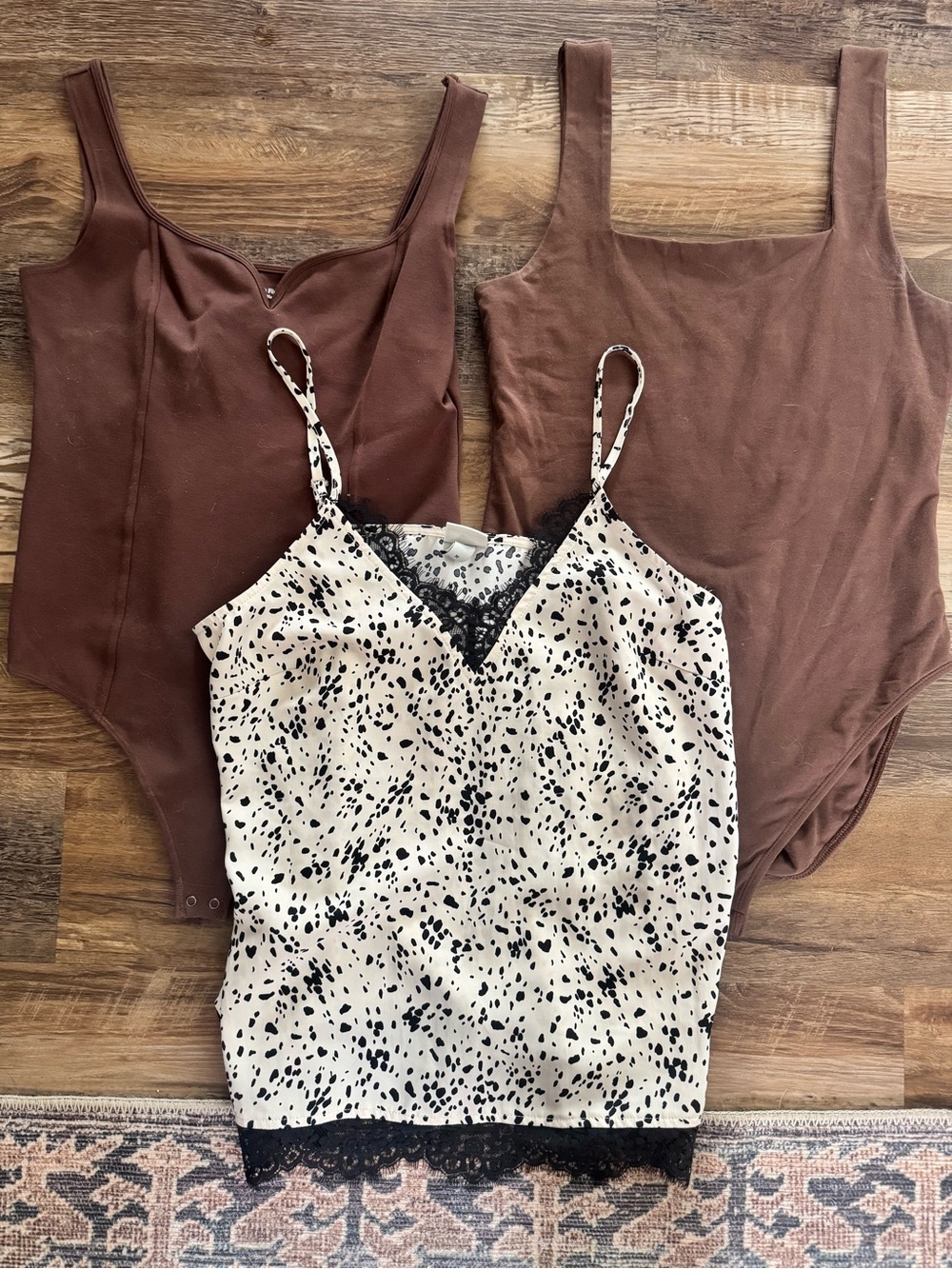 Brown Scoop Neck Bodysuit & Cream Black Spot Lace Cami Set - Women Tops